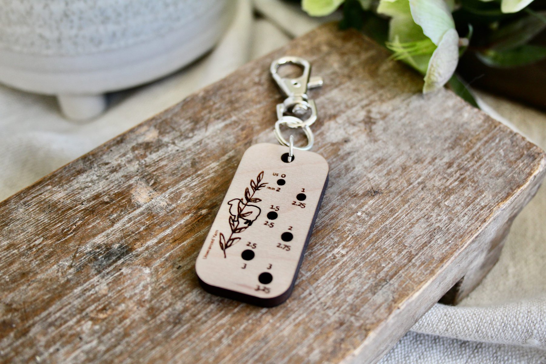 Botanical Sheep Knitting Needle Gauge Keychain for US0 to US3