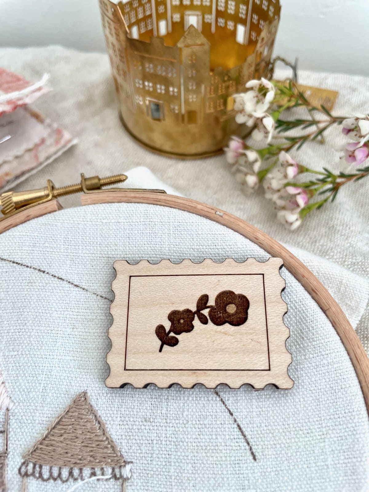 Floral Postage Stamp Needle Minder
