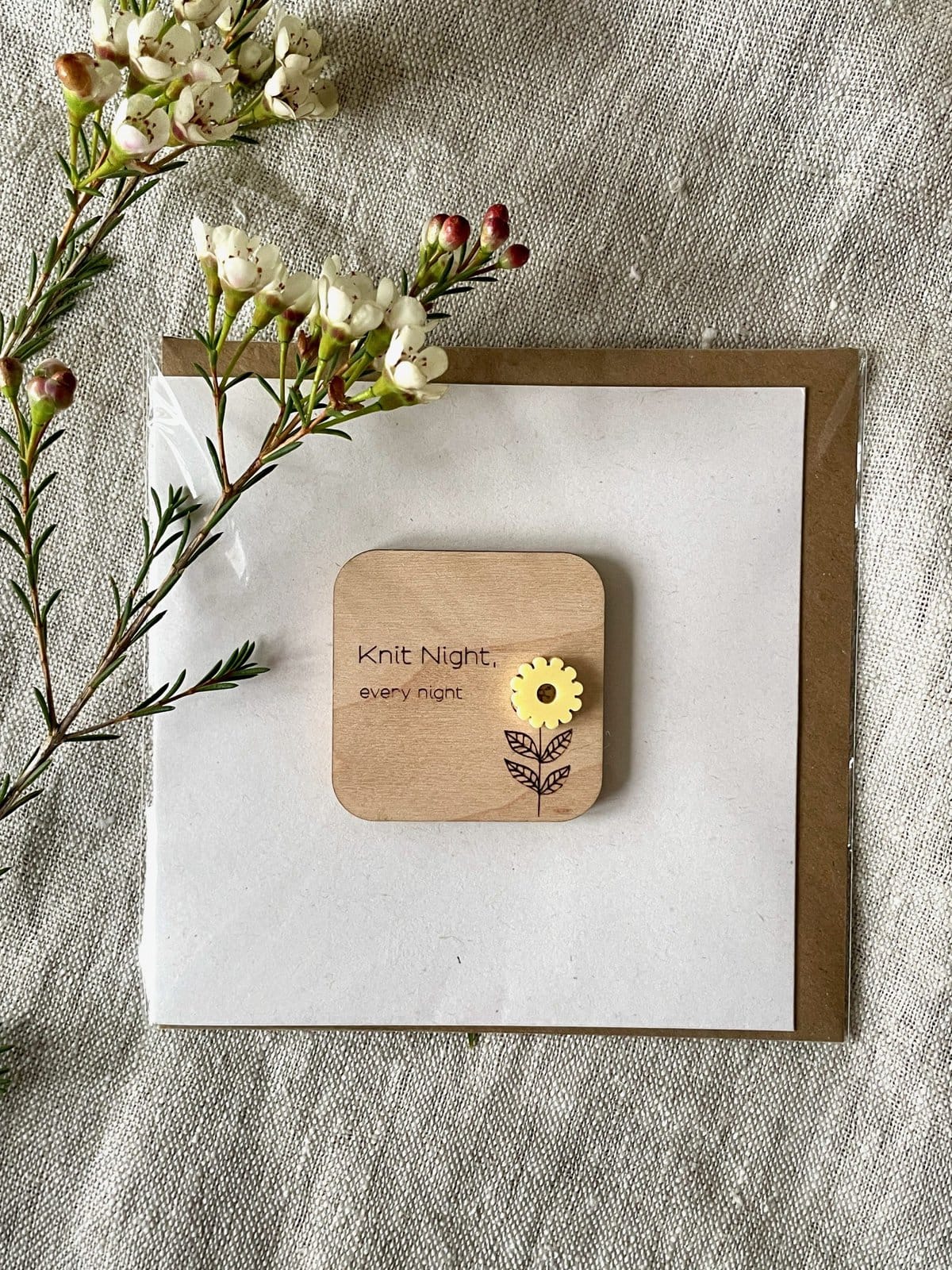Knit Night Greeting Card with Yellow Flower