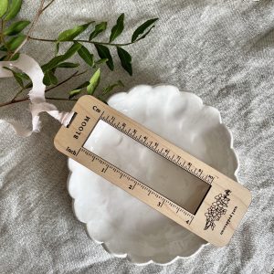 Delphinium Swatch Gauge Measurement Tool with Pale Pink Silk Ribbon