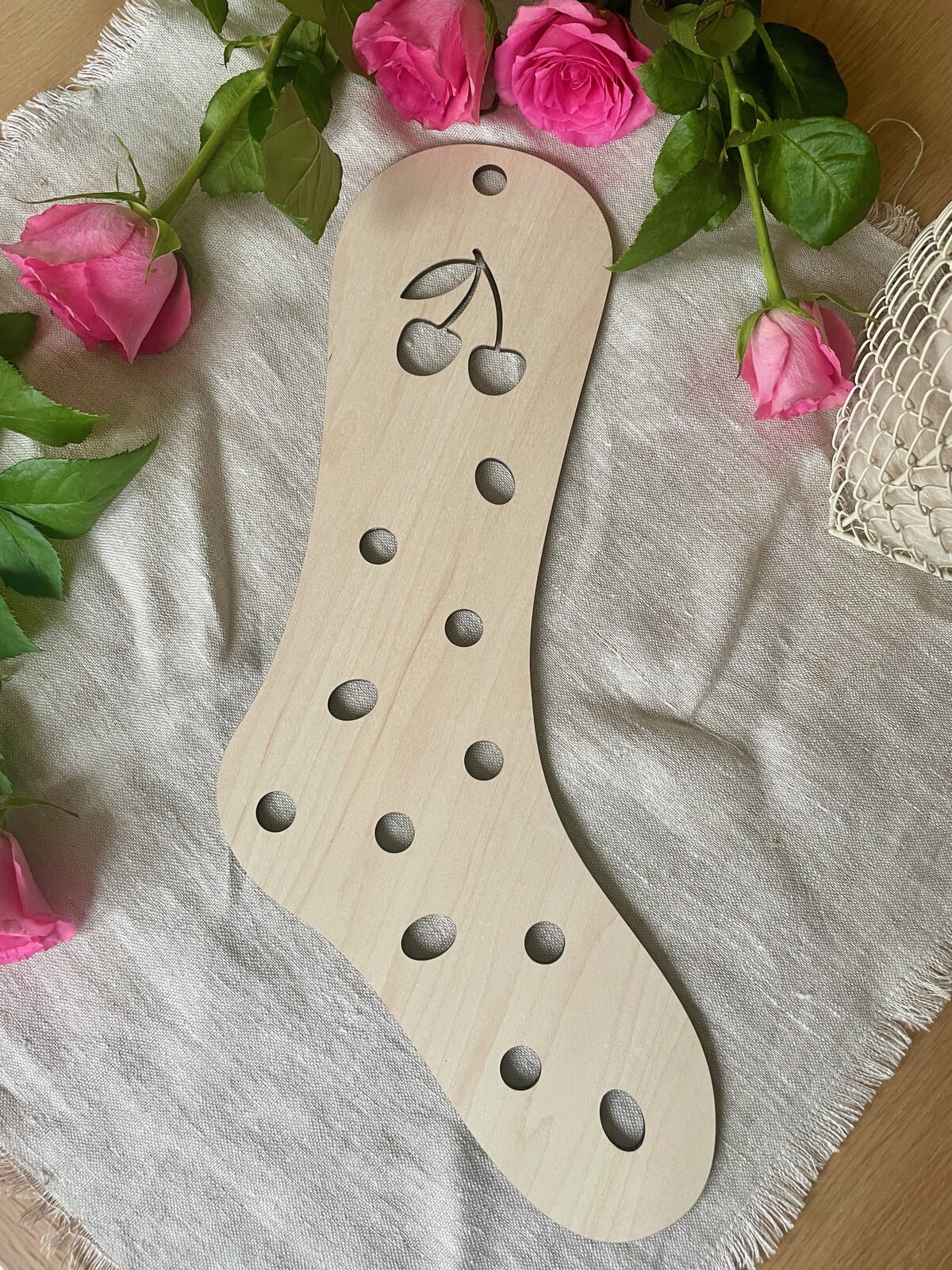 Wooden Sock Blocker with Cherry Design