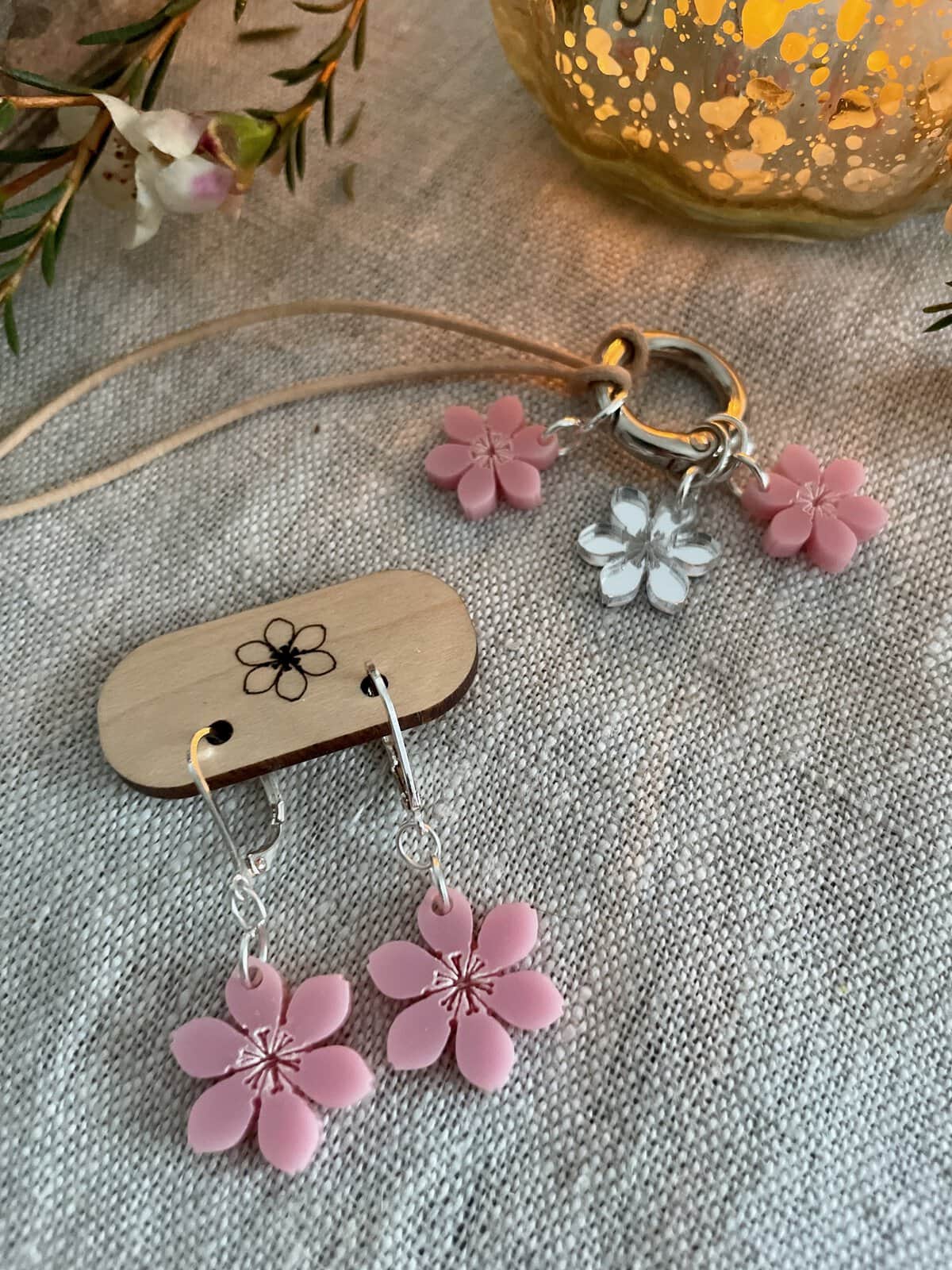 Sakura Earrings and Stitch Marker Necklace Set