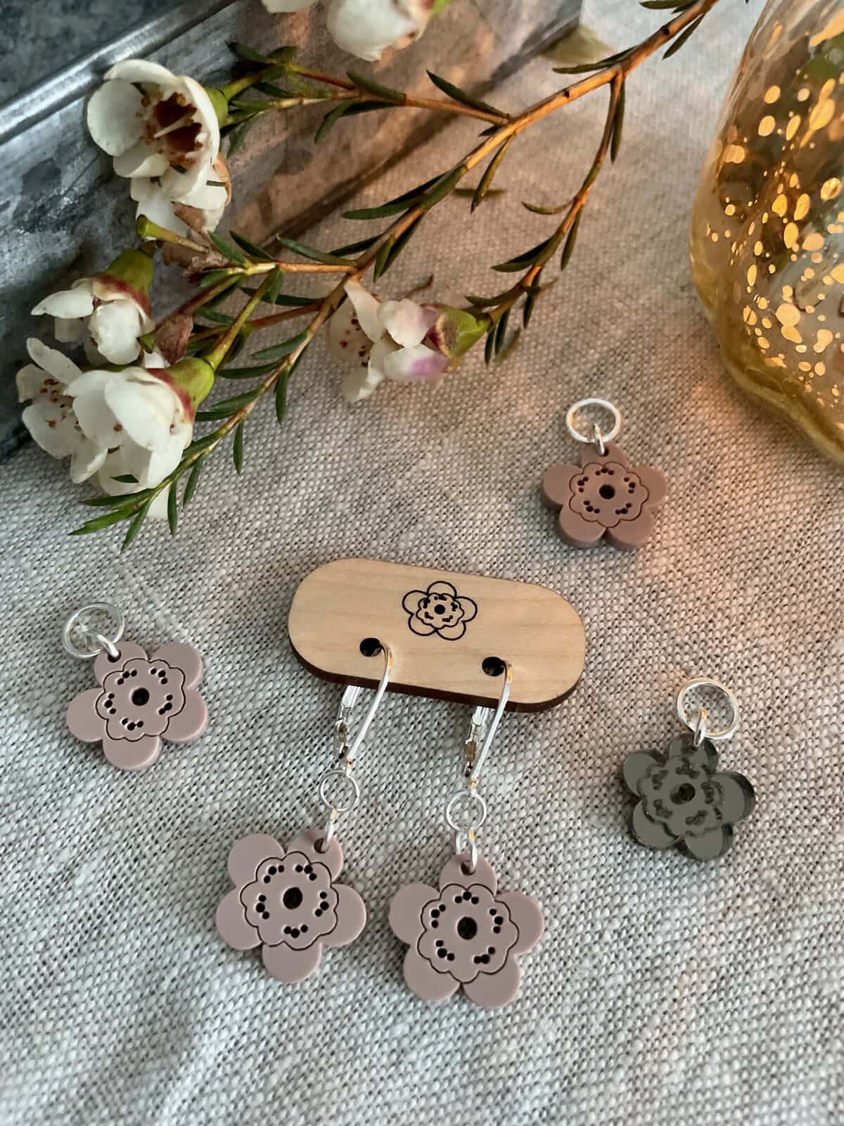 Wax Flower Earrings and Stitch Marker Set