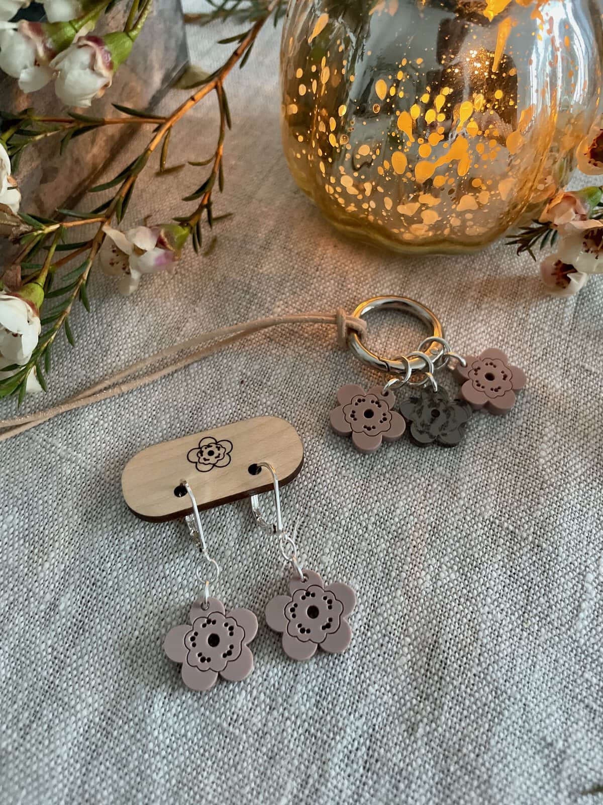 Wax Flower Earrings and Stitch Marker Necklace Set