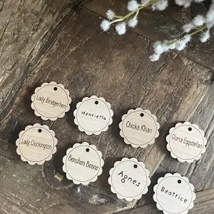 Soft wooden name tags with handwritten names on rustic wooden surface, perfect for yarn crafts and gift tags.