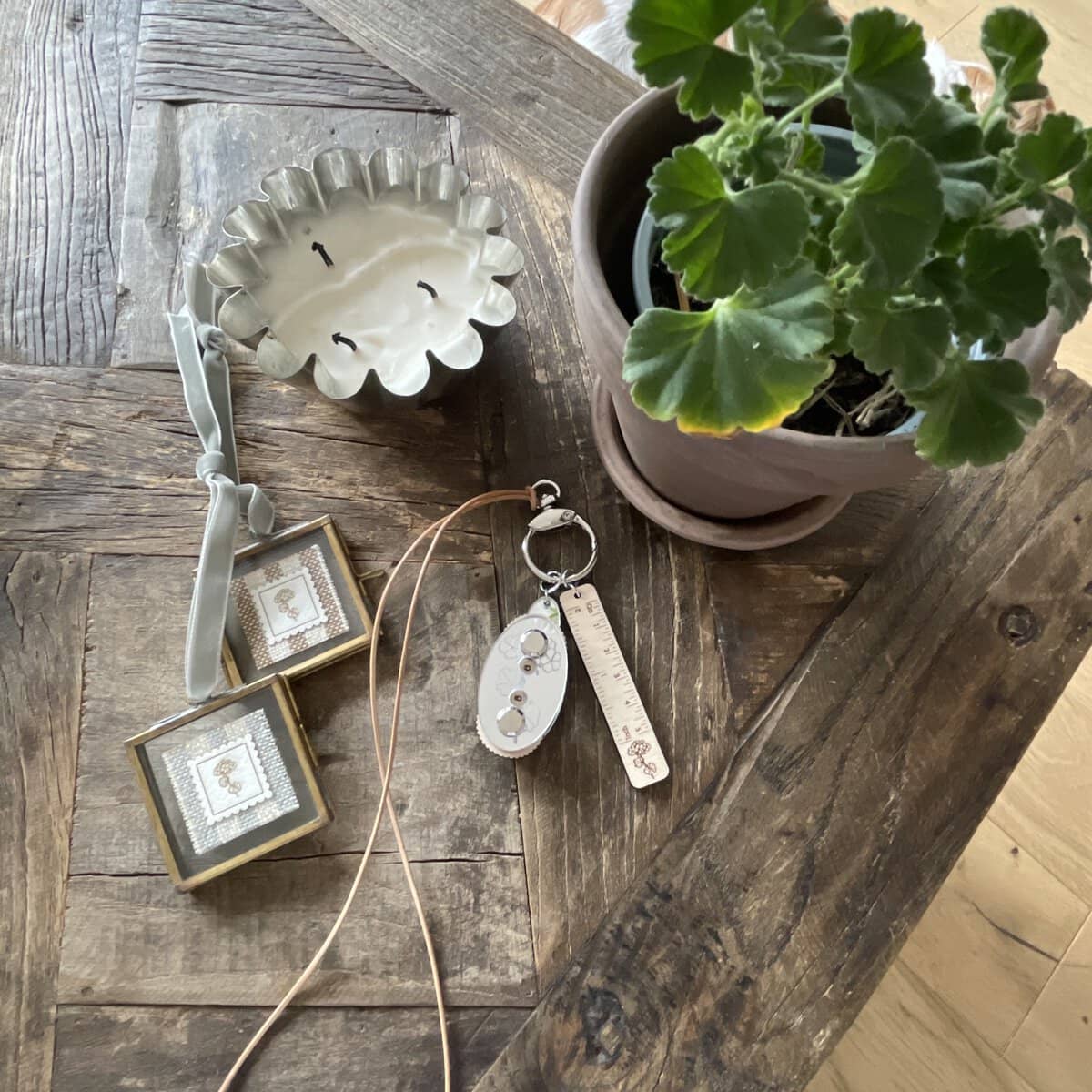 Vintage candle holder and plant on rustic wooden table, cozy home decor.