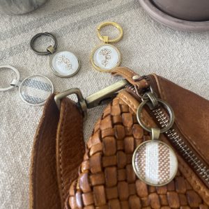 1. Gold, silver, and black keychains with floral embroidery on a textured surface.