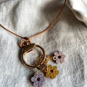 Colorful jewelry charms with flower design on metal rings.