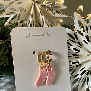 Colorful ballet shoe earrings on acrylic card, perfect for knitting, craft, or jewelry lovers.