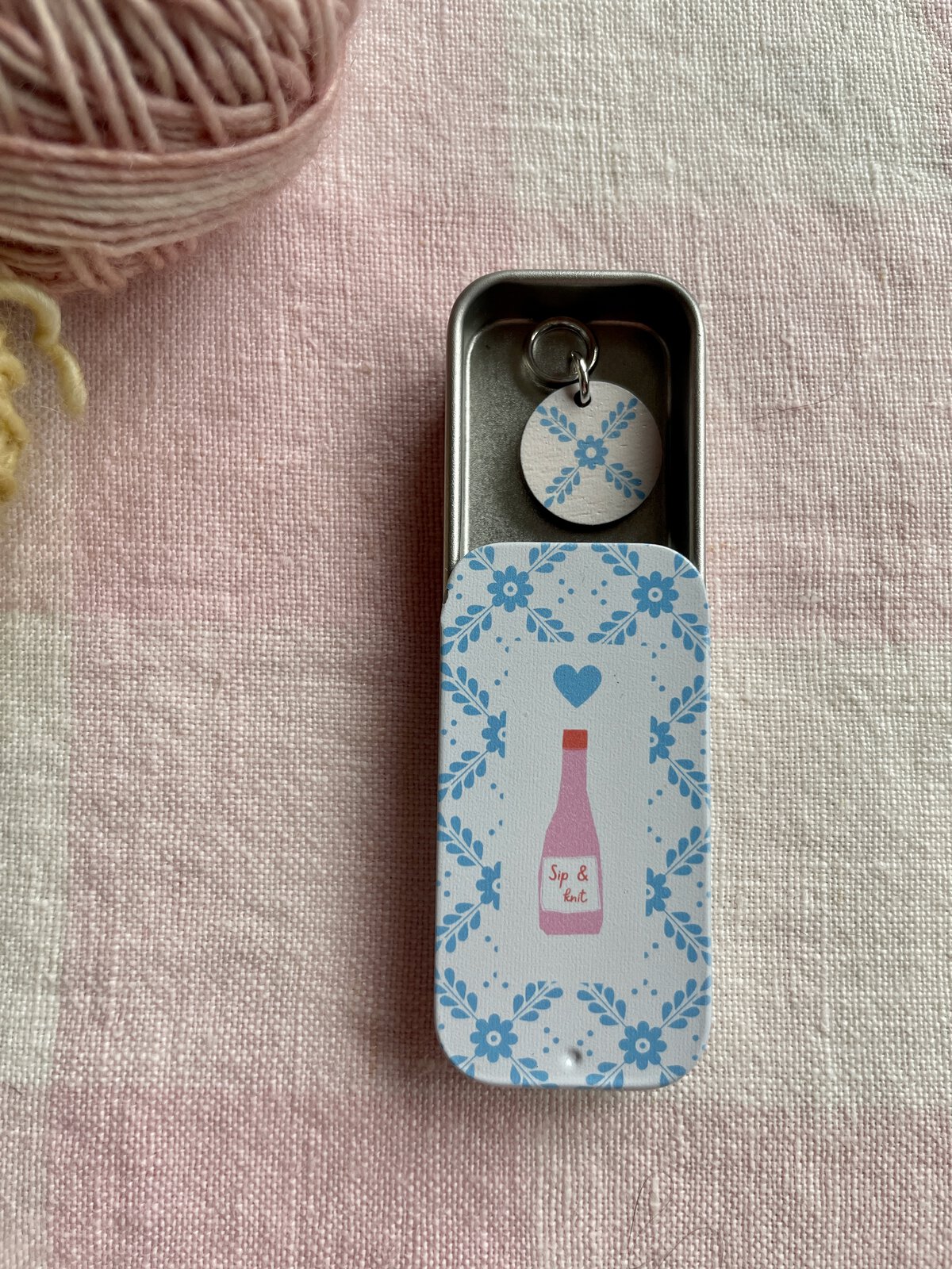 Sip and Knit or Crochet Tin with Matching Notion