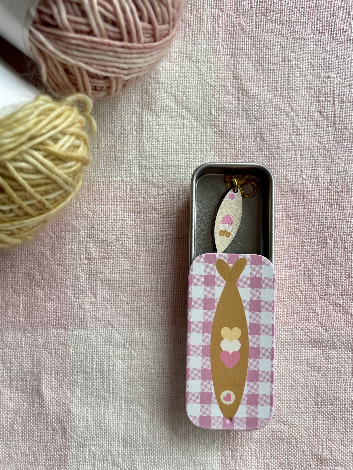 Pink Gingham Sardine Tin and Matching Notion