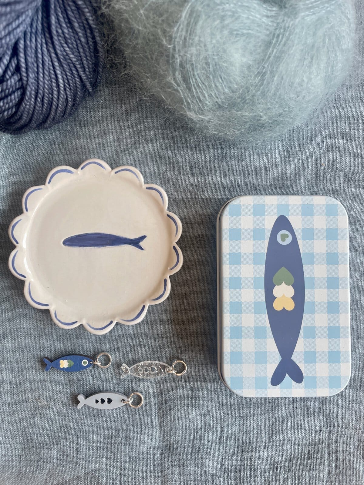 Blue Gingham Sardine Tin with Matching Notions