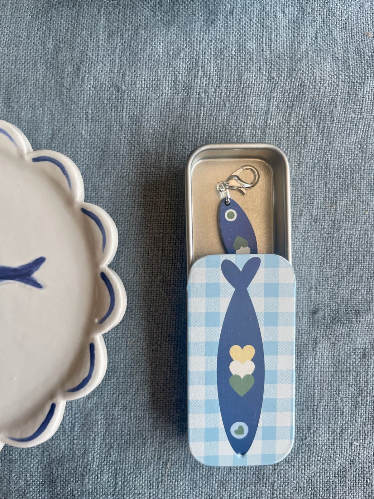Blue Gingham Sardine Tin and Matching Notion
